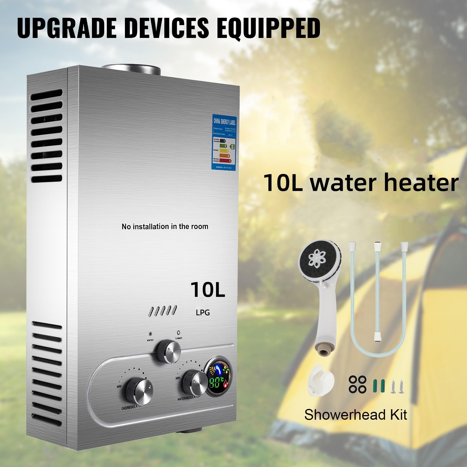10L Propan LPG 20 kW, propan butan podgrzewacze wody gazowej, podgrzewacze wody gazowej, bezzbiornikowy podgrzewacz wody z zestawem prysznicowym, na kemping, do kampera, do domu