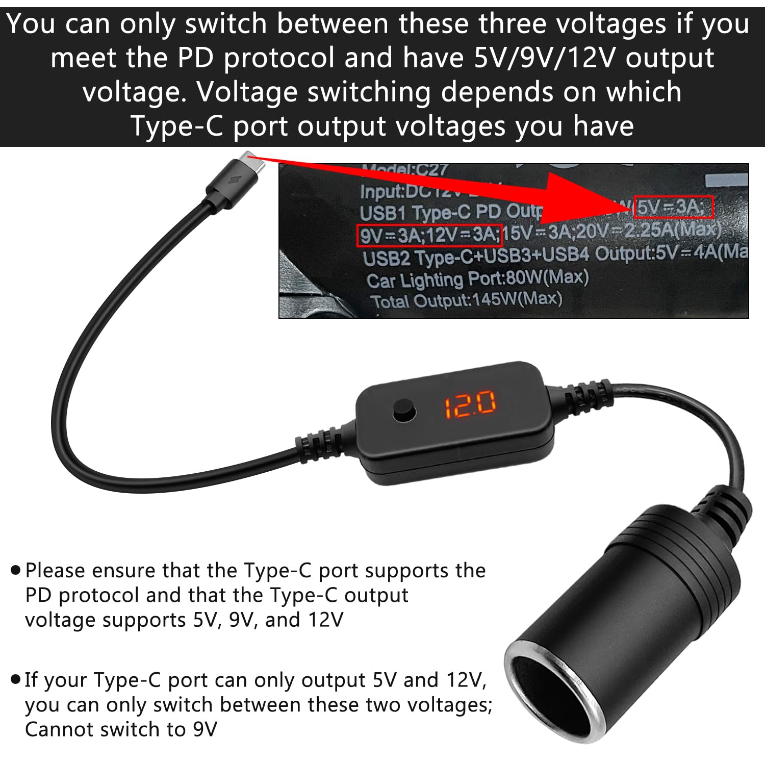 Wtyczka USB C na gniazdo zapalniczki samochodowej 12 V, adapter kablowy, konwerter z woltomierzem, regulowane napięcie 5 V/9 V/12 V, nadaje się do ładowarki samochodowej, GPS, kamery na deskę