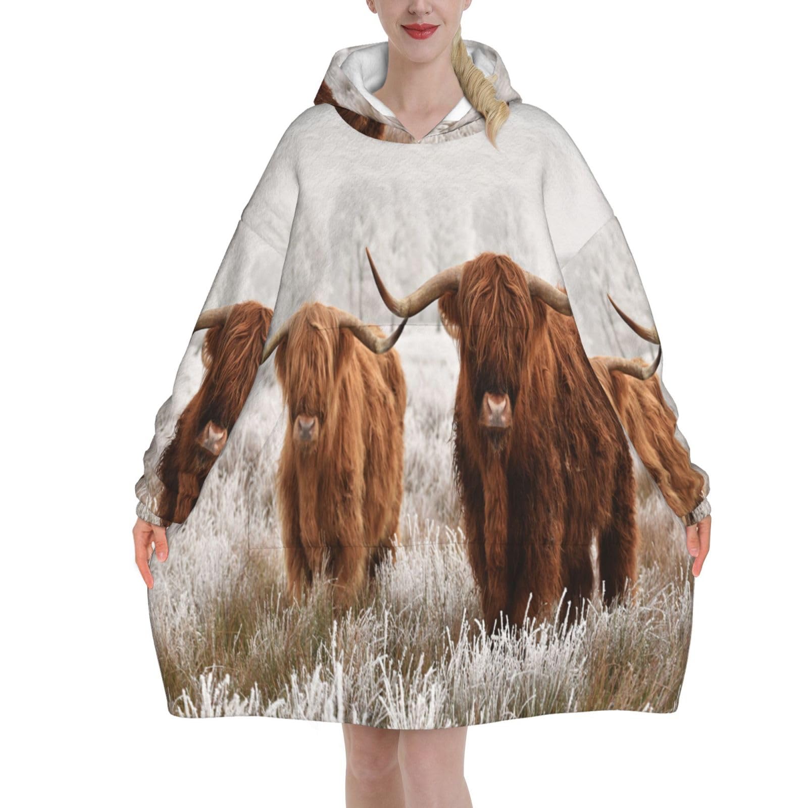 Poadnly Unisex As Picture Winter Snow Scottish Highland Cow,Women's Oversized Wearable Blanket Hoodie, Blanket Sweatshirt,Flannel Pullover Blanket