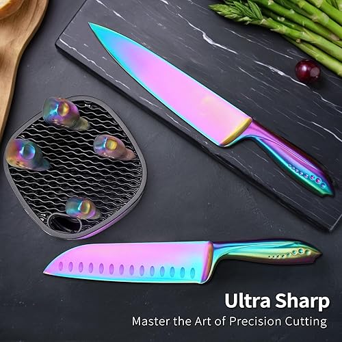 Miniatura 5 de WELLSTAR Rainbow - Juego de 7 cuchillos de cocina de acero inoxidable de alto carbono iridiscentes alemanes con bloque universal de cuchillos,