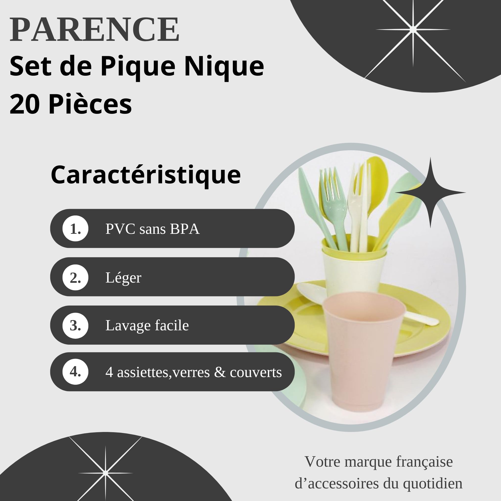 PARENCE.- Set de Pique Nique 20 Pièces - Assiettes, Couverts, Verres - Lot 20 Pièces Camping en PVC Réutilisable, Polyvalent, Complet