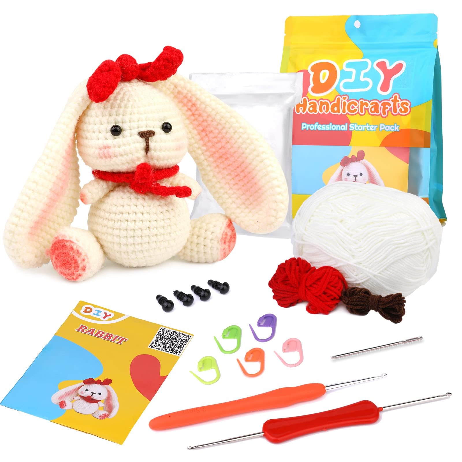 TERRIFI Beginners Crochet Kit with Easy Peasy Yarn - Complete DIY Crochet Animal Kit with Step-by-Step Instructions Video for Craft Art, Rabbit