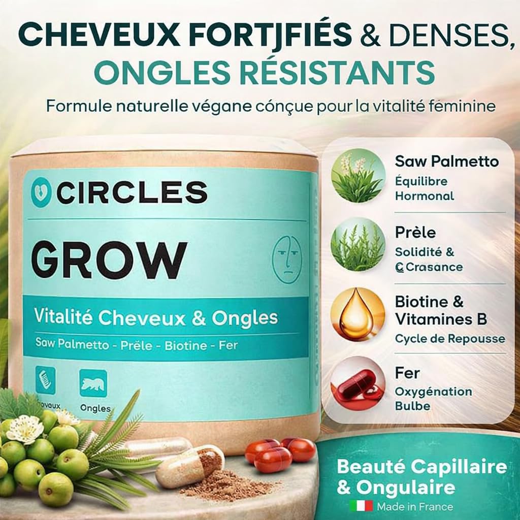 Circles GROW Integratore Capelli e Unghie Donna Biotina Selenio Ferro Serenoa Repens Equiseto Silice Vitamine B3 B5 B6, Senza Zuccheri Aggiunti, 30 Capsule Vegan Made in France