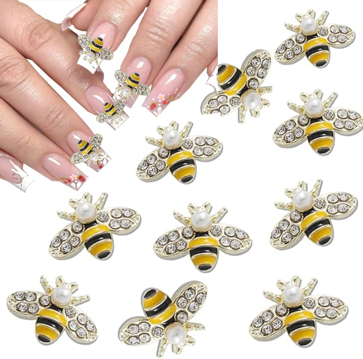 COOSLIM 10Pcs Gold Bee Nail Art Charms, 3D Gold Alloy Bees Jewelry Charm for Nails, DIY Design Cute Kawaii Nail Crystal Rhinestone Decoration Nail Art Supplies Accessories for Women and Girls 1