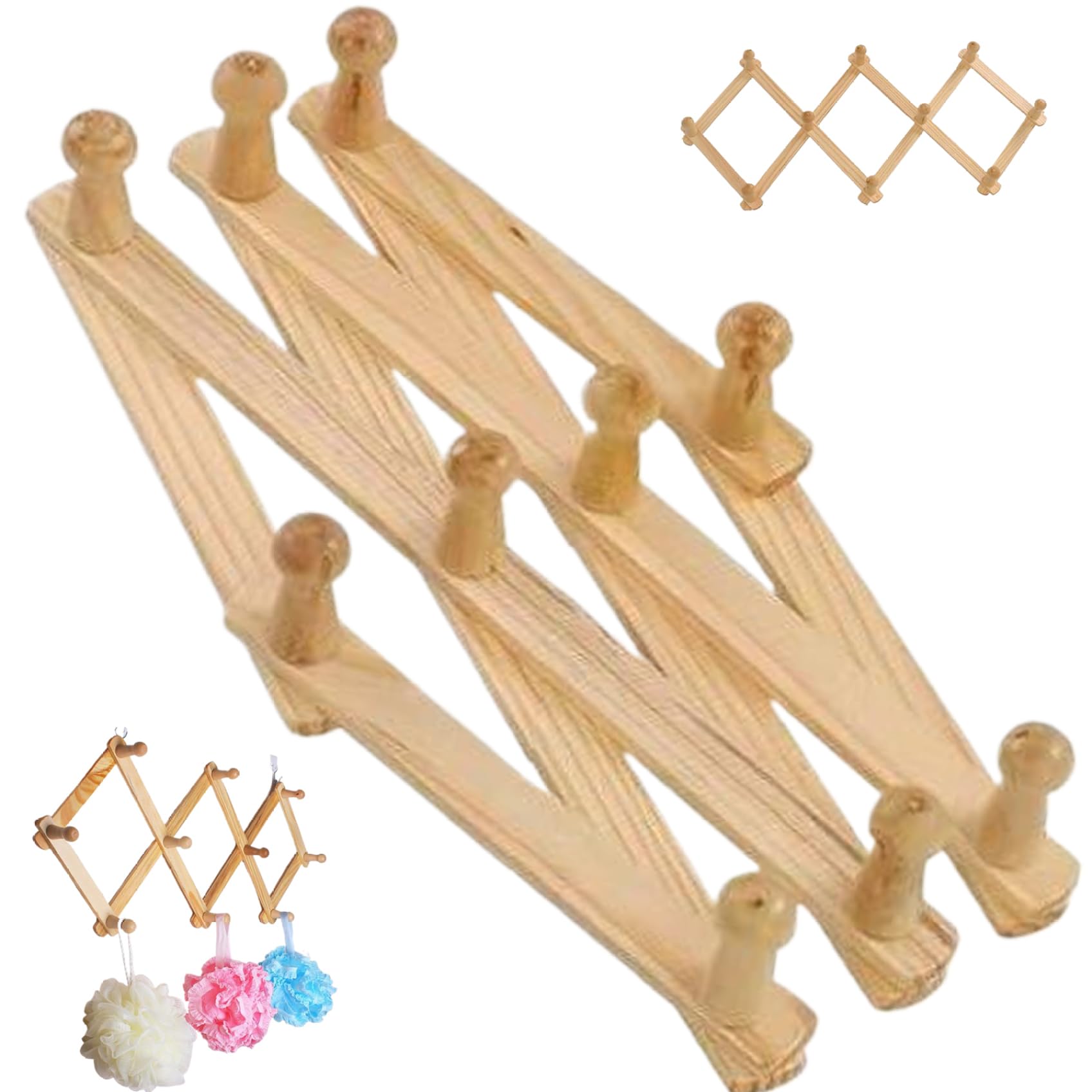 Otbushit Hat Rack for Wall, Expandable Wooden Coat Hooks 10 Pegs, Wall Mounted Hanging Rack for Hat Cap Belt Towel Umbrella