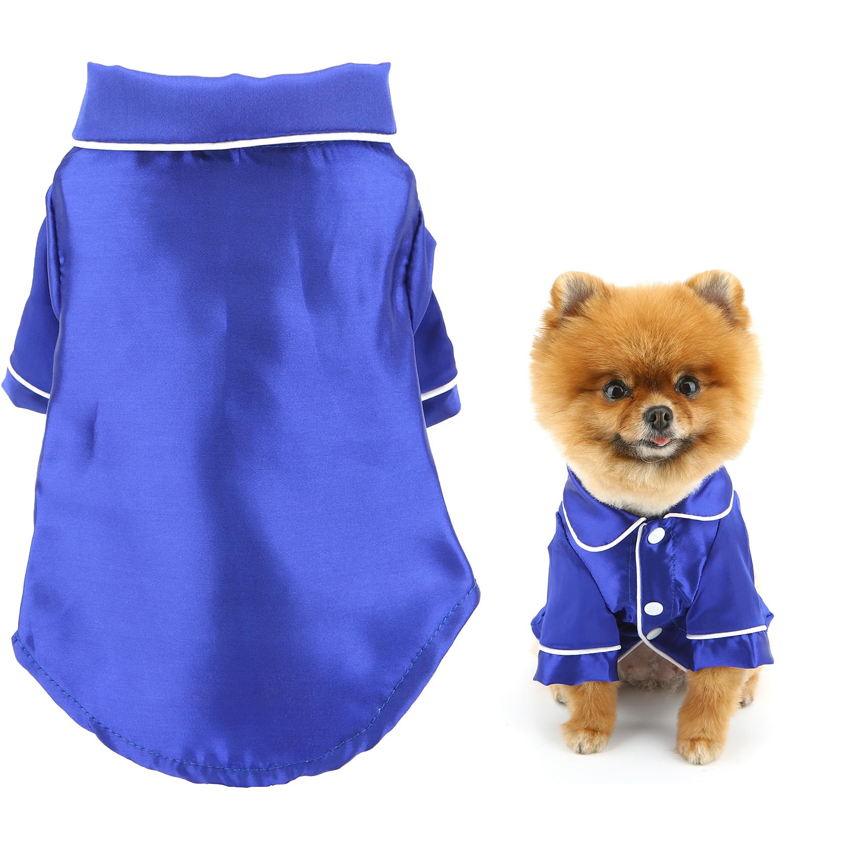 SMALLLEE_LUCKY_STORE Solid Dog Pyjamas for Small Medium Dogs Cats Faux Silk Pet Sleepwear Shirts Comfortable Lapel Pjs Loungewear Pajamas Bulldog Chihuahua Yorkie Two-Legged Outfit, Royalblue, XL — image 1