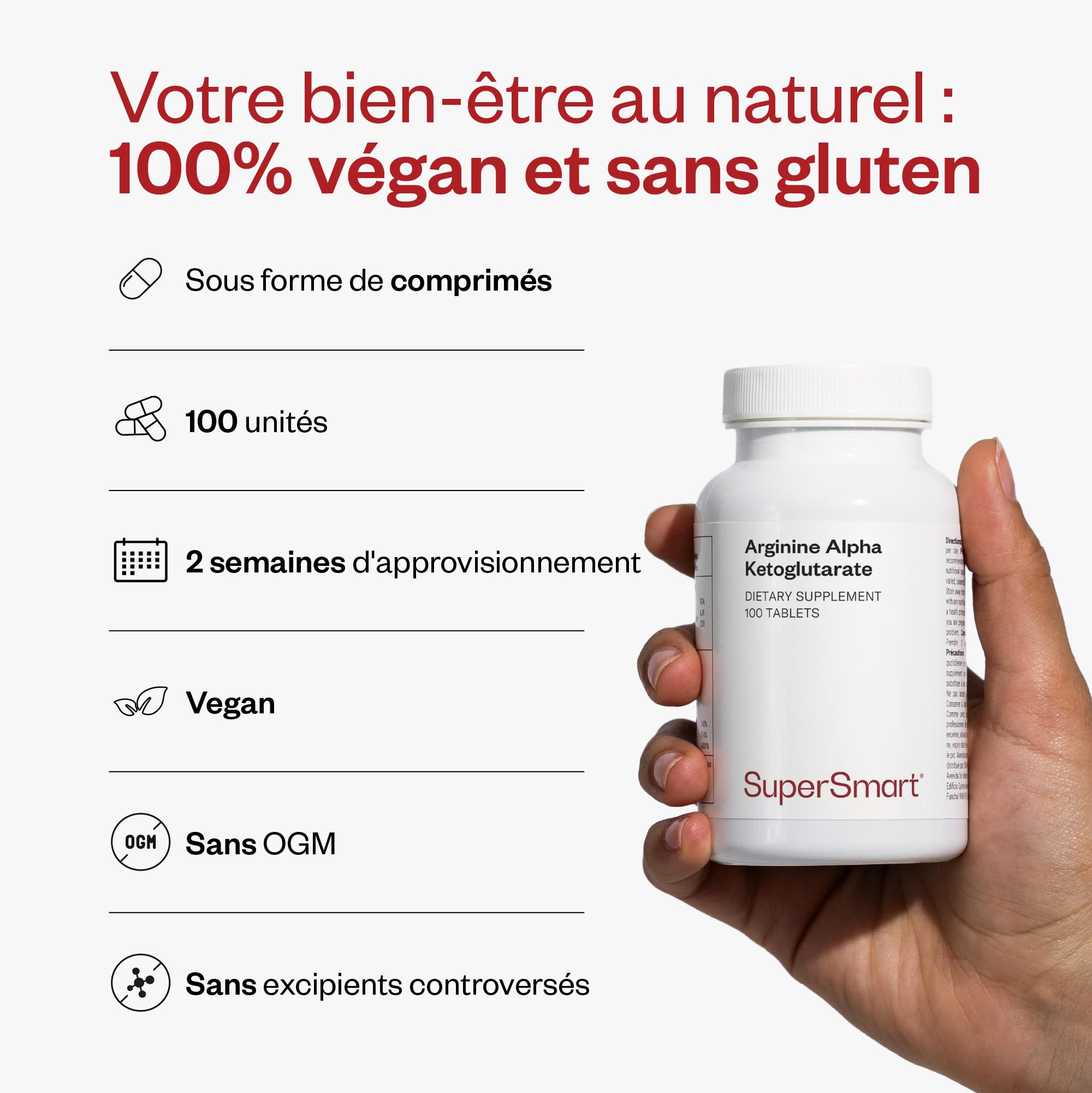 Arginine Alpha Ketoglutarate (AKG) 1000 mg - Soutient l’Activité Musculaire des Sportifs - Aide à la Dilatation des Vaisseaux Sanguins - Aide à Combattre la Dysfonction Sexuelle - Vegan - Supersmart