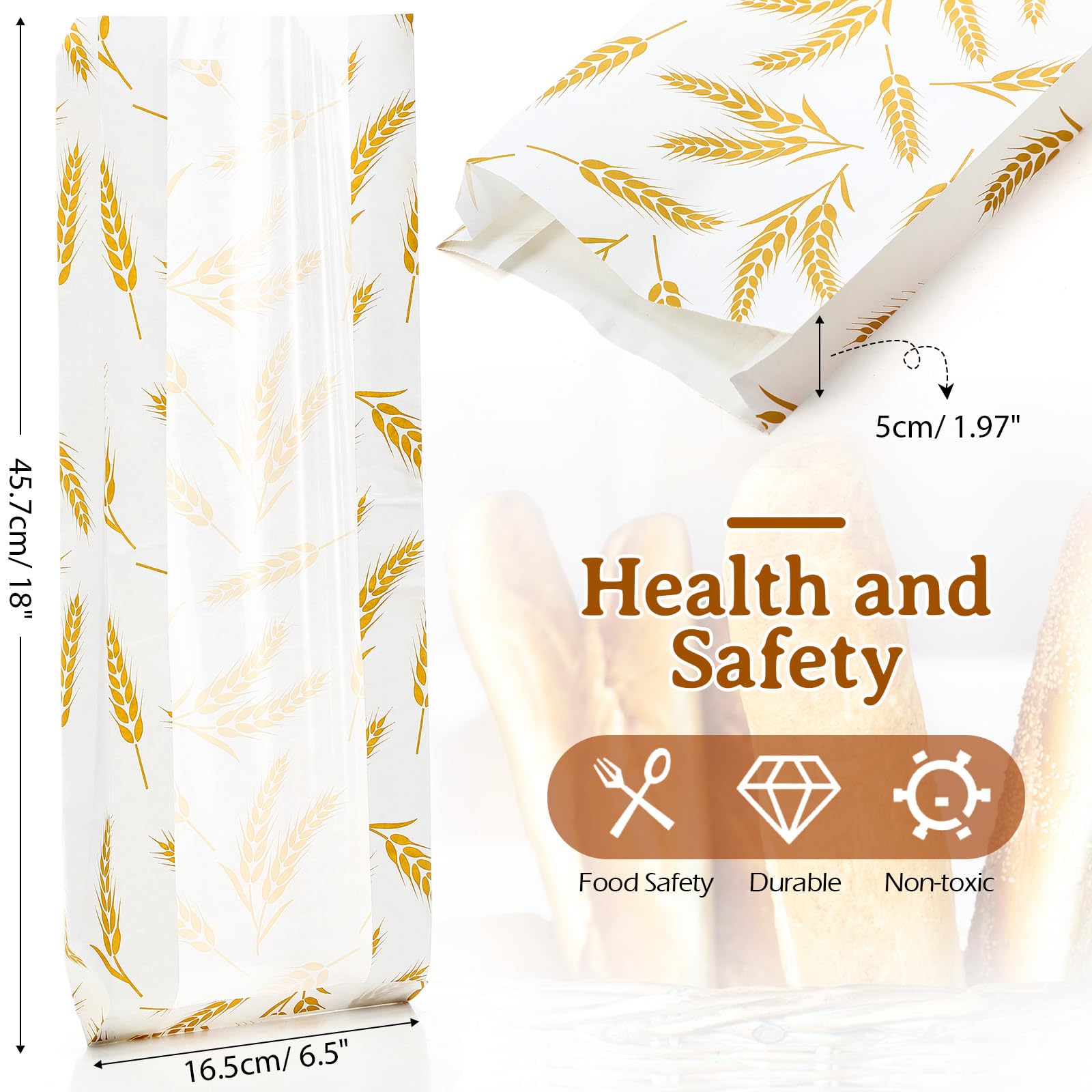 Affrolling 100 bolsas de papel para pan con ventana a granel para bolsas de pan caseras, bolsas largas de pan francés de 18 x 6.5 x 2 pulgadas, bolsa de almacenamiento de panadería Kraft para embalaje