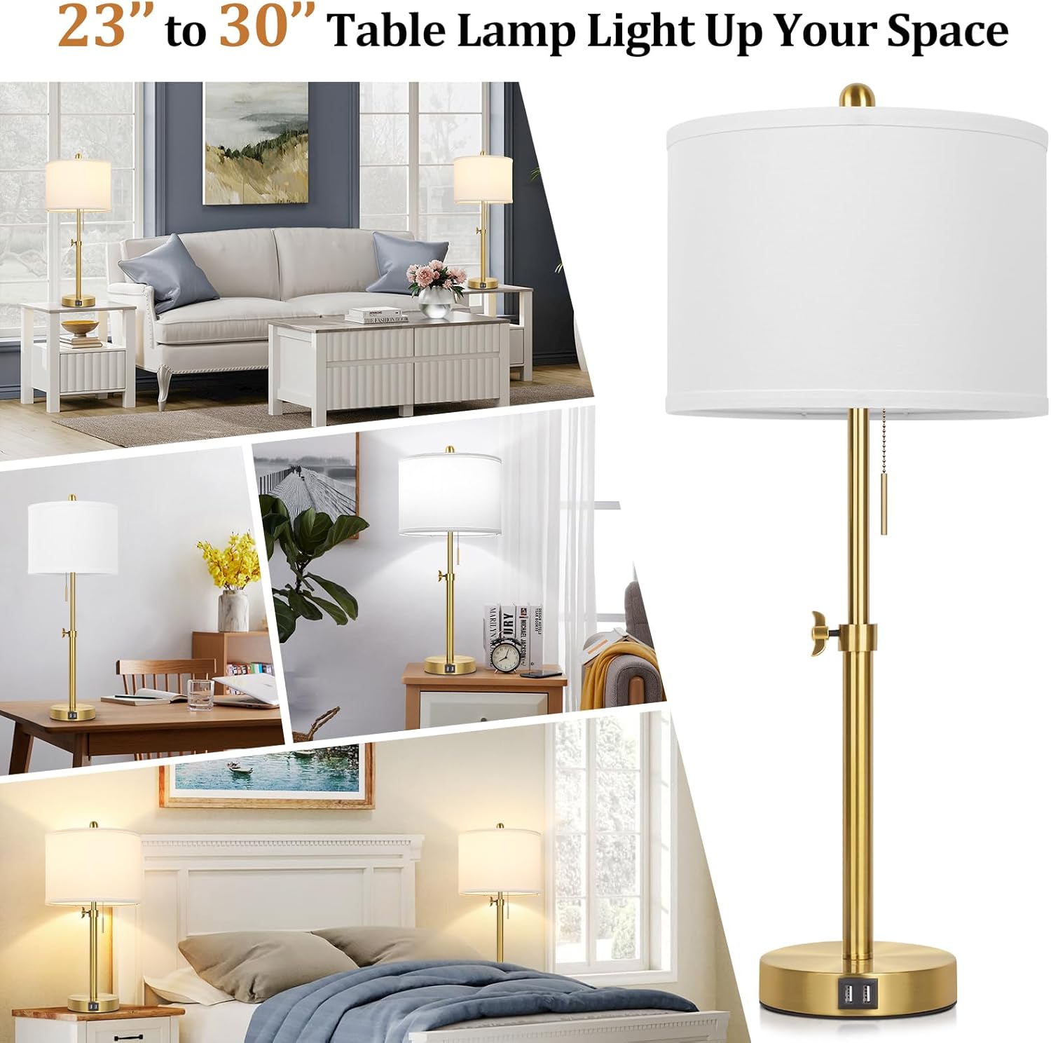 Table Lamp Set of 2, Bedside Lamp with 2 USB Ports, Gold Tall Table Lamp for Living Room End Tables, 23" to 30" Height Adjustable Lamp for Bedroom, Farmhouse Table Lamps with Pull Chain, E26