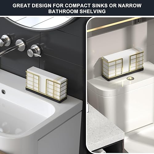 Vista 157 de Wican Bandeja para toallas de invitados para baño, soporte de servilletas de roble y hierro para tocador, mesa de comedor, cesta de madera