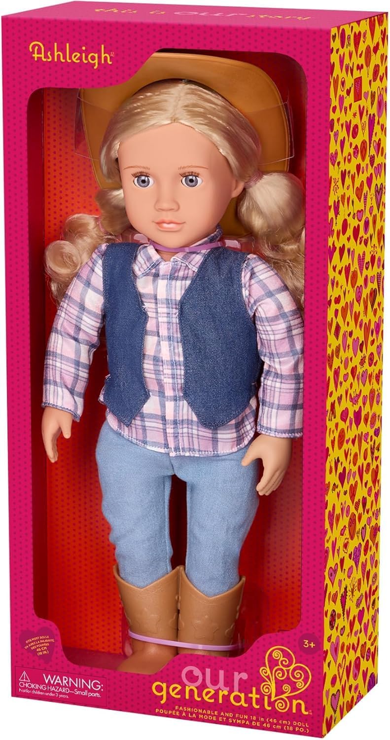 Our Generation – 18-inch Cowgirl Doll – Lifelike Gray Eyes & Wavy Blonde Hair – Cute Plaid and Denim-Style Western Outfit – Cowboy Hat & Horseback Riding Boots – Pretend Play