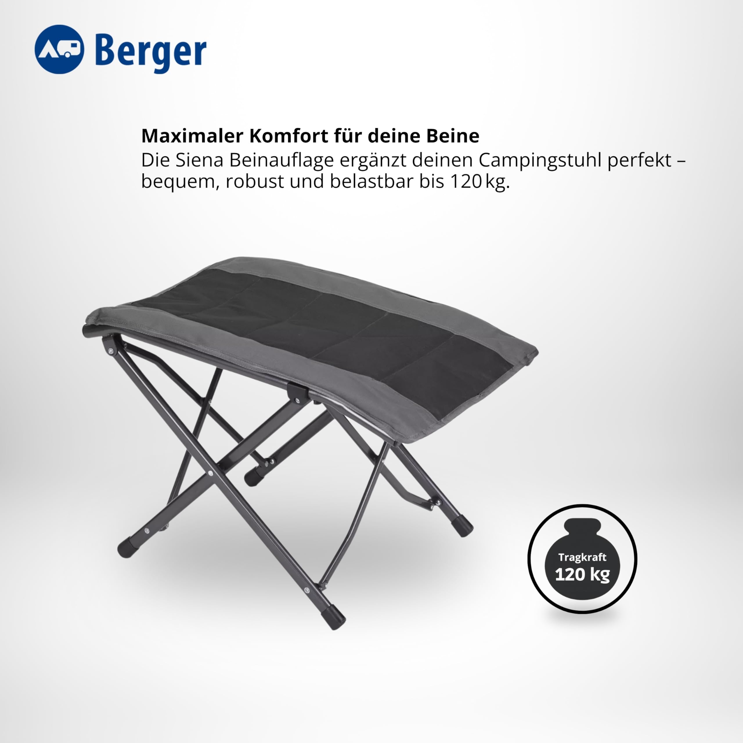 BERGER Siena Faltbare Beinauflage | Klapphocker Camping Fußhocker Outdoor belastbar bis 120 kg | Campinghocker klappbar mit Tragetasche | Campingmöbel Zubehör