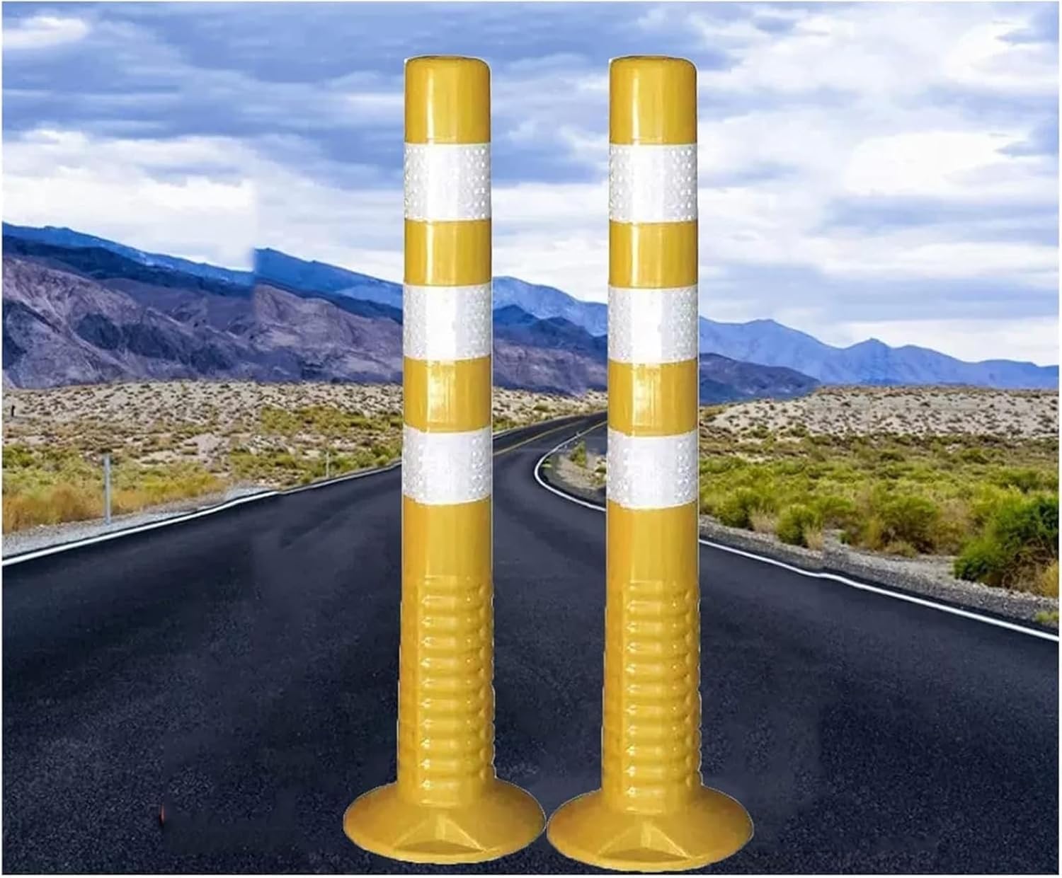 WDSOPK Traffic Delineator Post Cone, Barrier Reflective Tape Parking Post with Expansion Bolts,Construction Driveway Barrier Cones（Yellow-4 Pack）