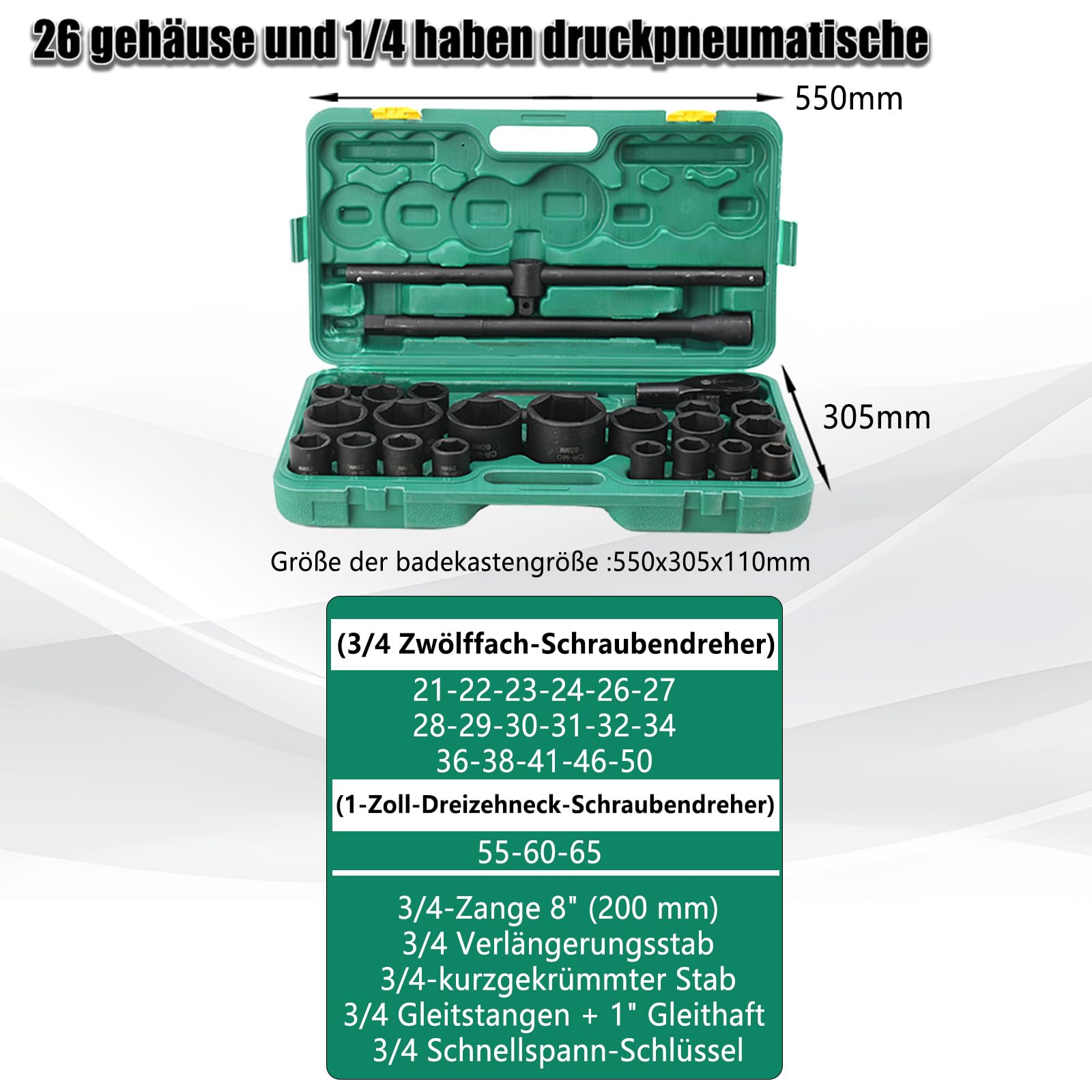 26-tlg 21-65mm Profi-Steckschlüsselsatz 3/4+1 ZollStecknüsse LKW | Profi Ratschenkasten Steckschlüsselsatz Auto Nusskasten