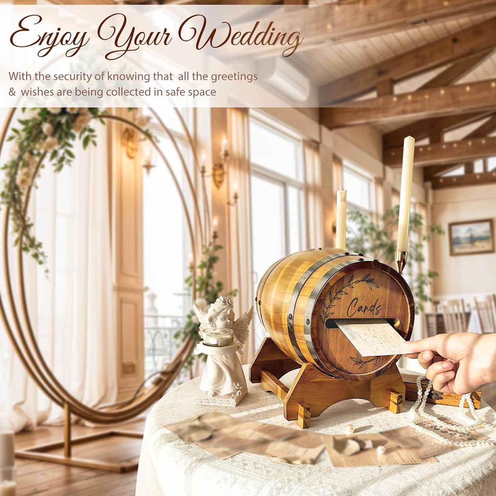 Boîte à Cartes de Mariage en Bois, Urne Mariage Boîte à Enveloppe de Cartes avec Fente et Support, Boîte de Rangement pour Cartes de Mariage en Forme de Baril de Whisky, pour Fête, Anniversair