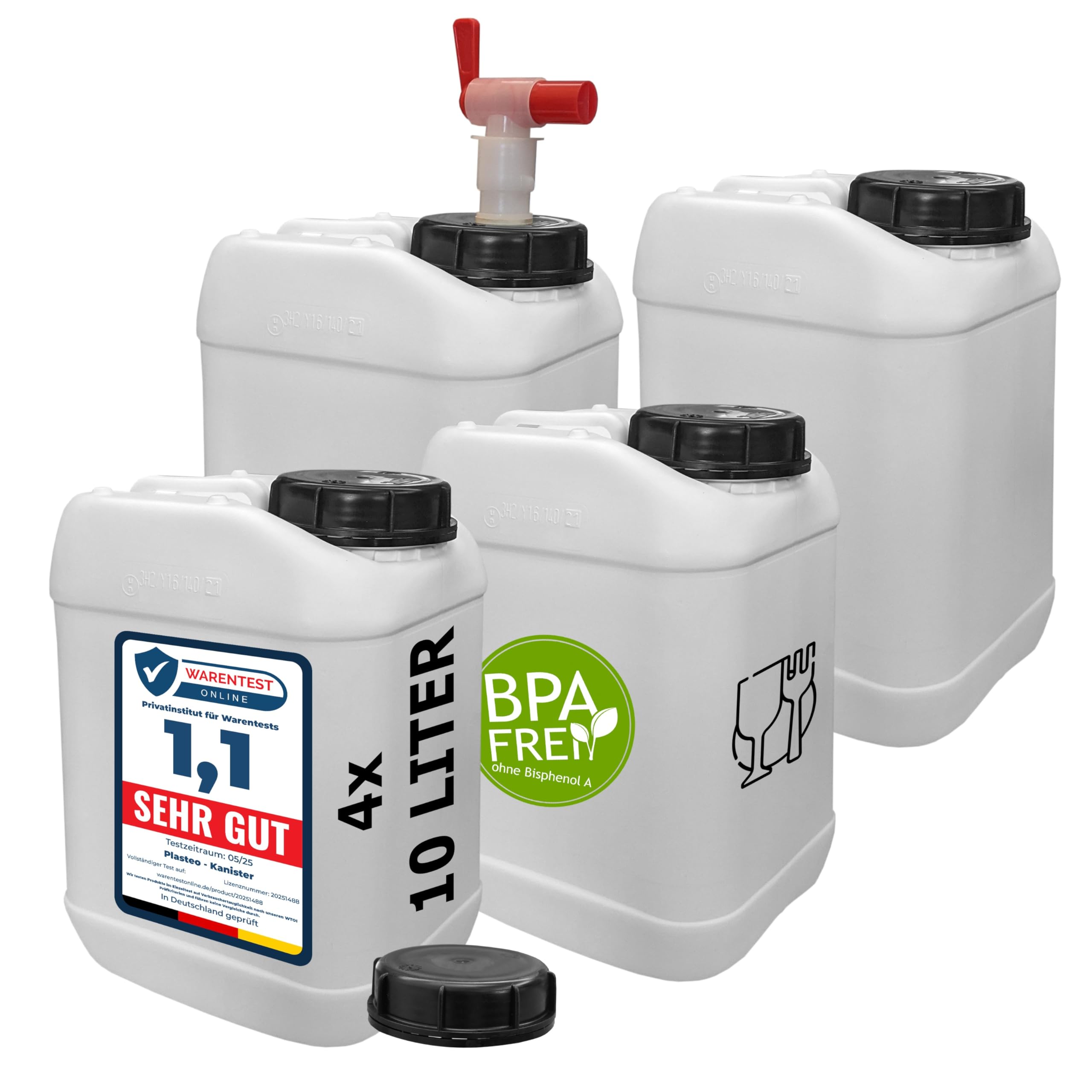 plasteo® 4 x 10L Weithals Getränke- Wasserkanister Weiß | Lebensmittelecht | Hergestellt in DE | UN-Zulassung | Indoor und Outdoor | BPA Frei (4 Kanister + 1 AFT-Hahn)