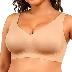 Sutiã esportivo feminino sem costura, macio e confortável, ajustável e cobertura total sem anéis de aço, Bege, XGG