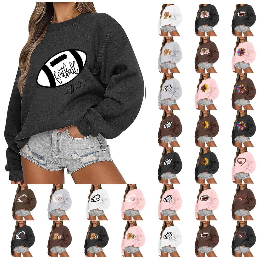 PVCSFootball Shirts for Women Long Sleeve Round Neck Pullover Tops Blouse Fashion Graphic Print Thin Sweatshirt Lightweight