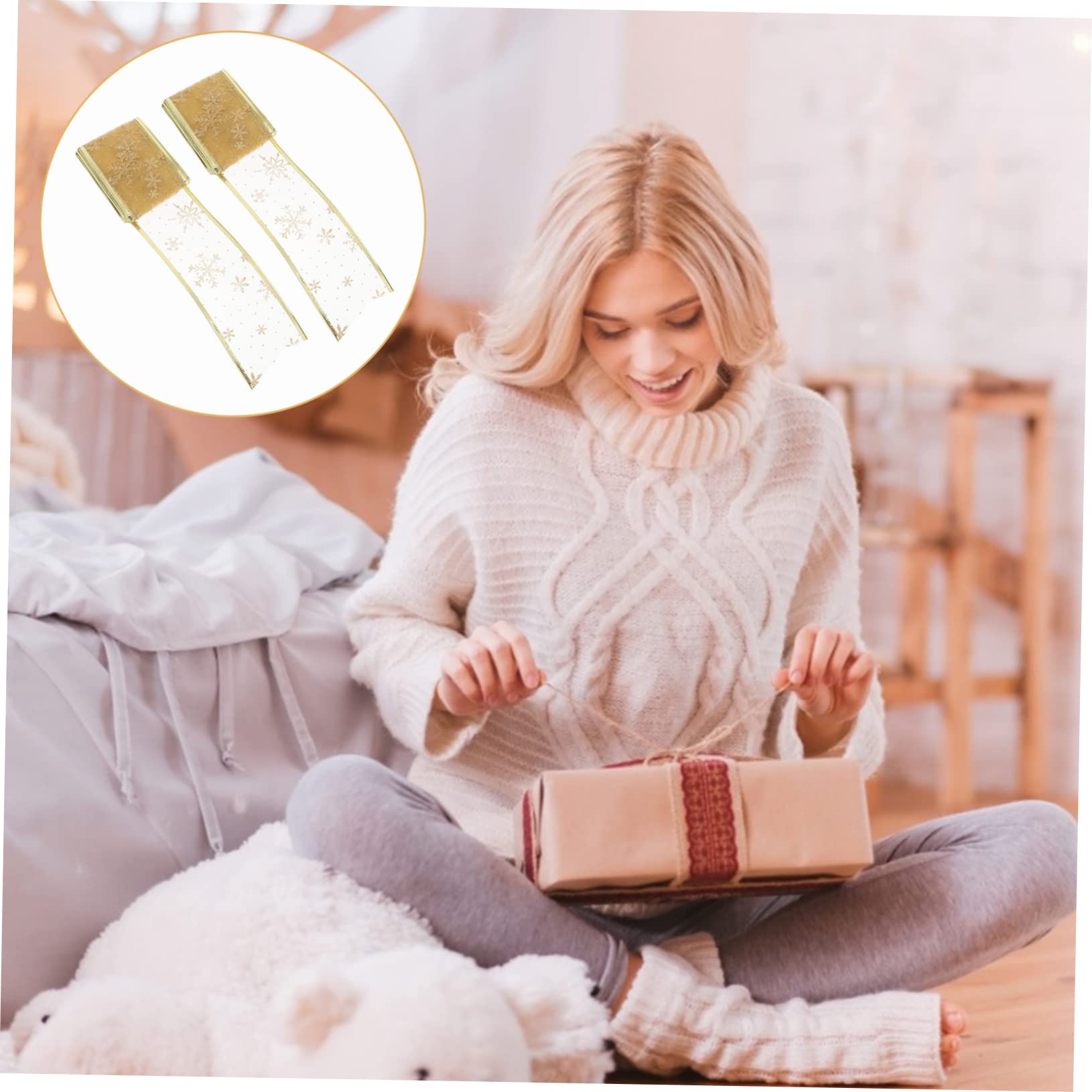 Lurrose 12 Stück Weihnachtsband Golddekorationen Weihnachtsschleifen Bänder Schneeflockenbänder Drahtband Weihnachtsband Netzband Für Roségold Gold Drahtband Stoff Golden