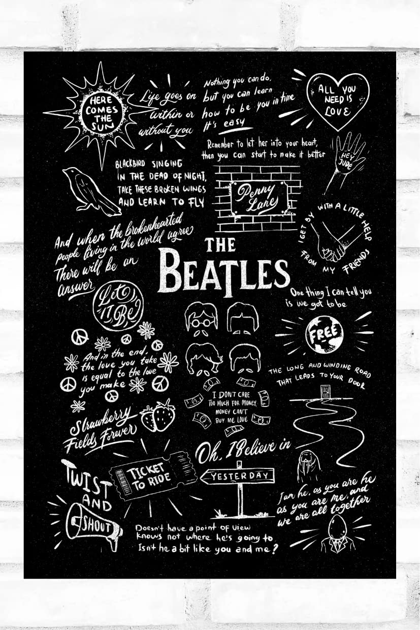 Hewson The Beatles Doodle Lyric Poster - Beatles Print Gifts - Beatles Artwork Gift for Beatles Lover Music Poster (A3, Black Chalkboard)