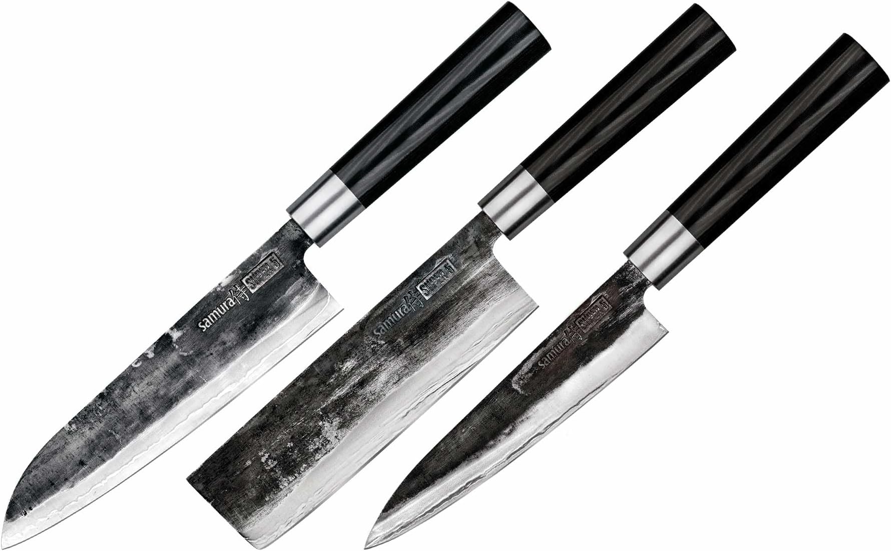 Samura Super 5 Damascus Professional Japanese Kitchen Knife Set of 3: Nakiri, Utility, Santoku. Micarta. Hardness 60 HRC