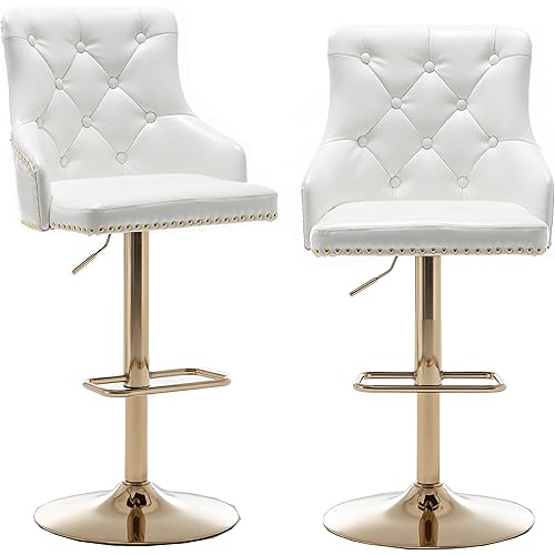 BTEXPERT Set of 2 Premium upholstered Dining 25" - 33" Adjustable High Back Stool Bar Chairs, Golden Base White PU Leather Tufted Nailhead Trim
