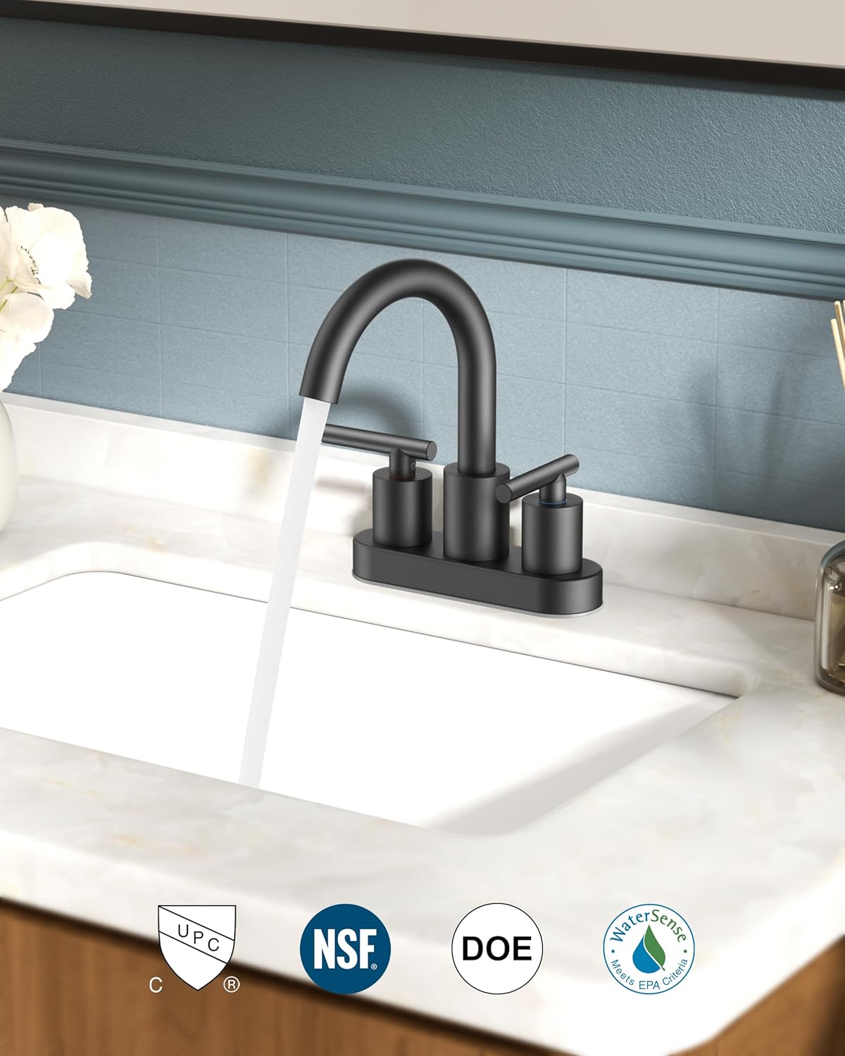 FORIOUS 4 Inch Centerset Bathroom Faucet Black 2 Hole, Two Handle Matte Black Faucet for Bathroom Sink with Pop Up Dain, 24" Supply Line, and 360° Rotating Spout of 4" Vanity - Image 5