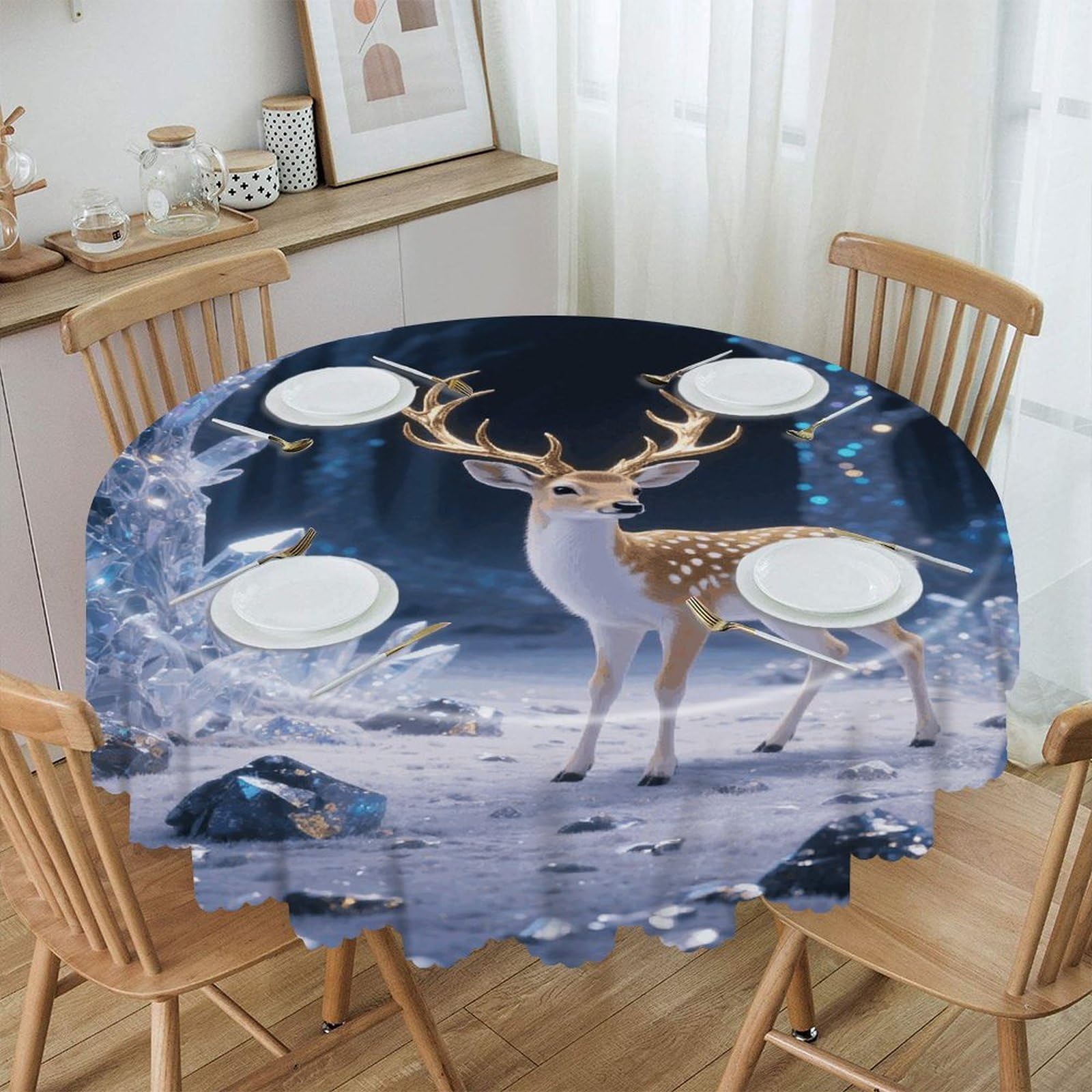 VstaDank Deer in Crystal Forest Round Tablecloth Wipeable Round Polyester Tablecloth Waterproof Wrinkle Free Indoor and Outdoor Table Cover 60 Inch Decorative Farmhouse Table Cloth for Dining