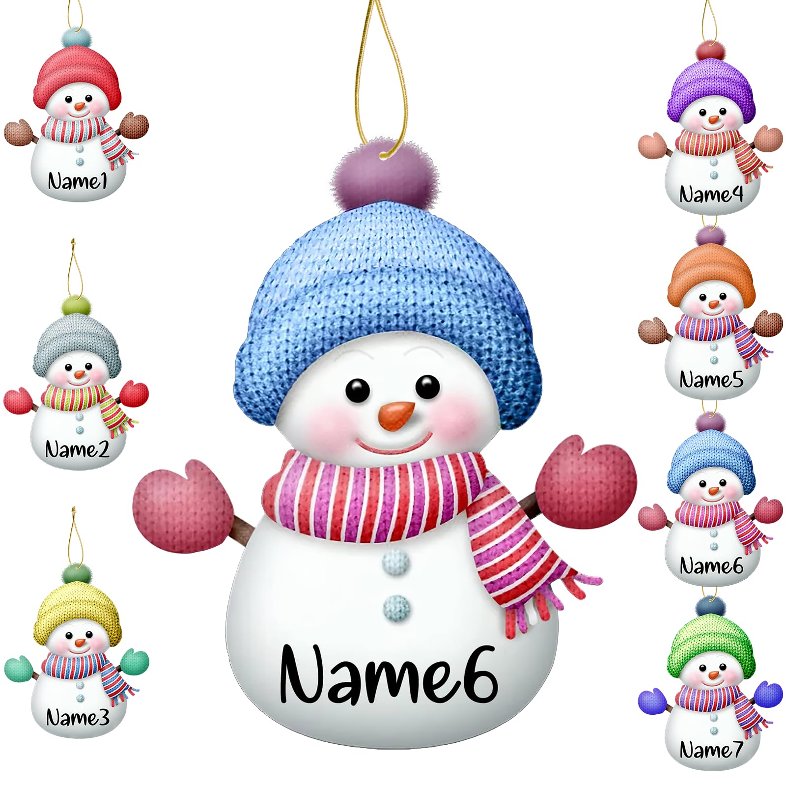 7Pcs Personalised Christmas Snowman Tree Ornaments Custom Ornaments with Names for Christmas Customized Xmas Decorations Ornament Gifts