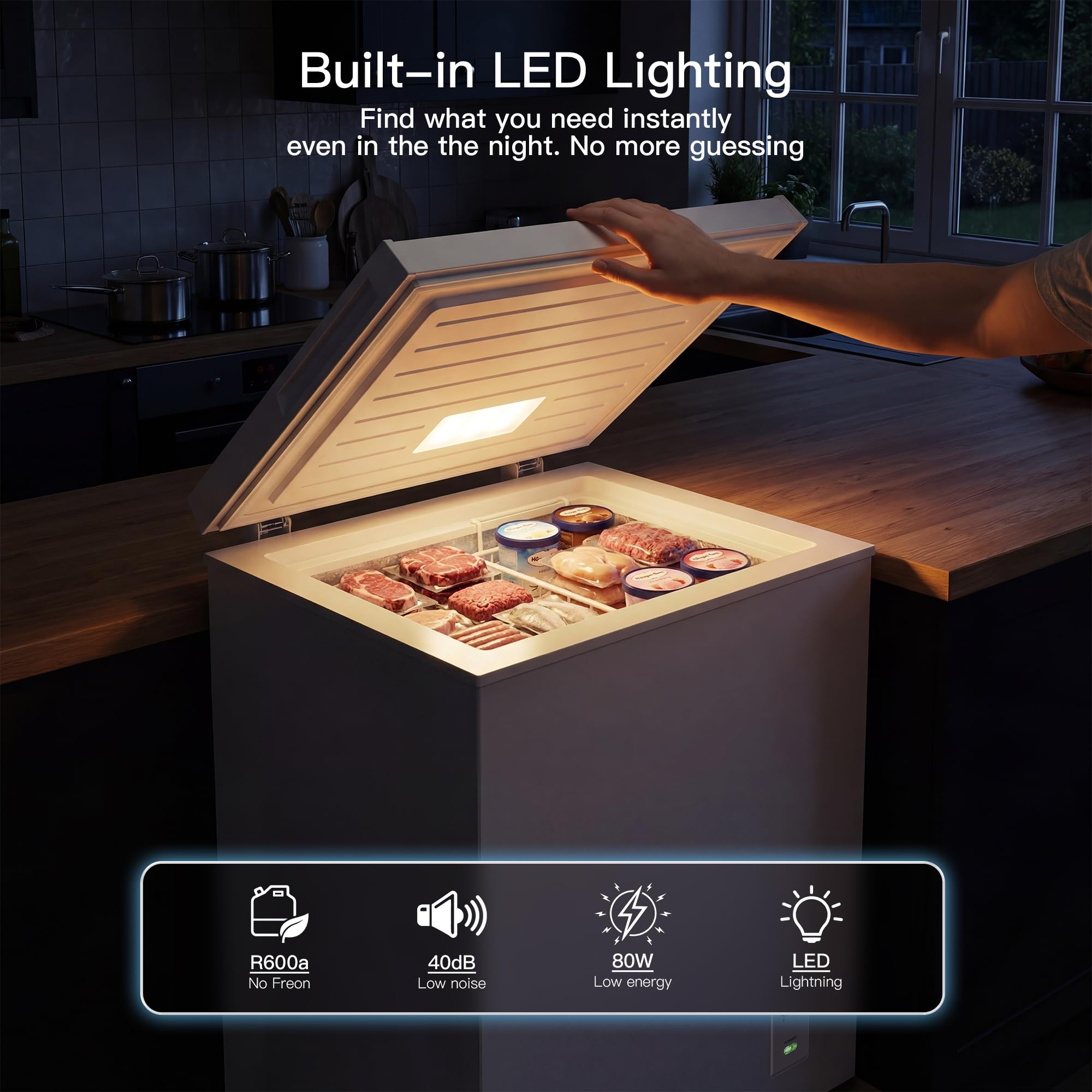 MEPTY 2.05 Cu.Ft Chest Freezer,Top Open Door Deep Freezer with 2 Removable Baskets,7 Adjustable Thermostat,Built-in LED Light,Quiet Energy Saving Freezers for Home,Kitchen,Garage Use - 4