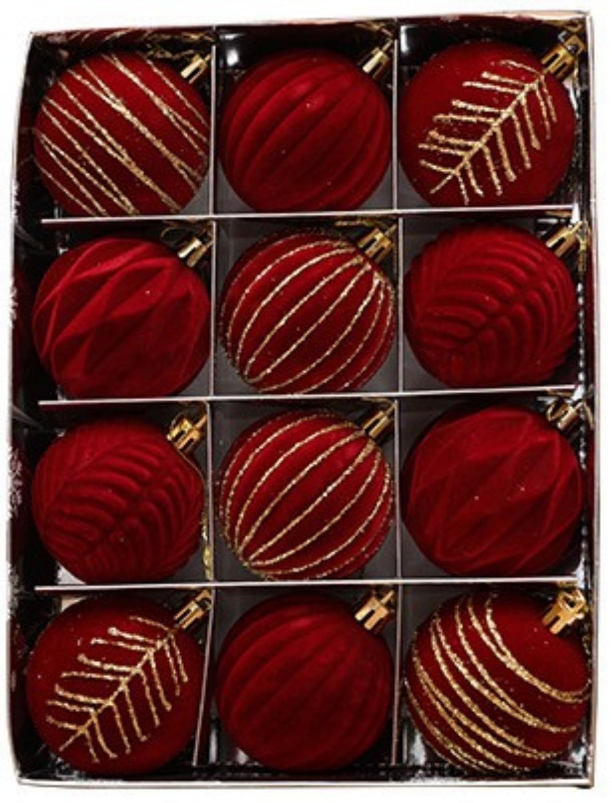 Set of 12 Flocked Baubles, Vintage Red and Gold Velvet, Burgundy Christmas Tree Decoration, Large Shatterproof Hanging Ornaments for Christmas Wreaths
