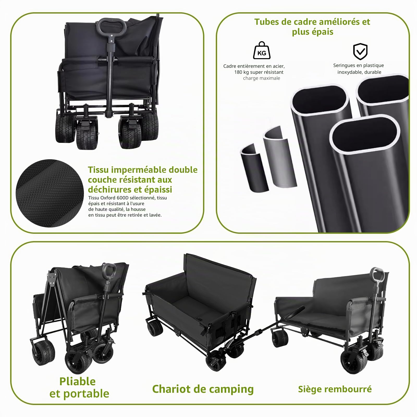 Chariot de plage pliable 3 en 1 - Chariot de camping convertible - Poignée réglable - Chariot de transport pliable tout terrain - Chariot de camping