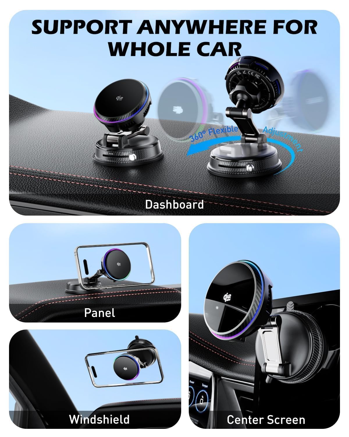 CloudValley Qi2.2 25W Cargador inalámbrico para Coche, Soporte magnético para móvil con Ventilador y Adaptador 45W, Ventosa giratoria 360°, Carga rápida, Compatible MagSafe iPhone 17/16/15/14