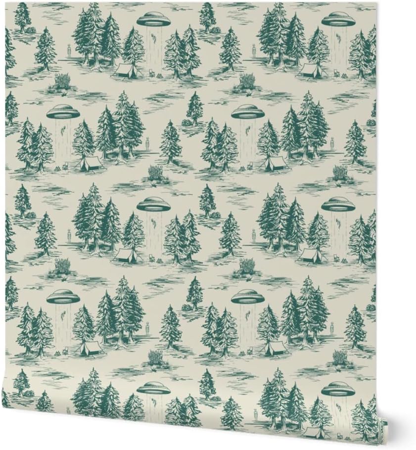 Spoonflower Removable Wallpaper 3ft x 2ft - UFO Alien Abduction Teal Novelty Funny Toile Small Scale Custom Pre-Pasted Wallpaper