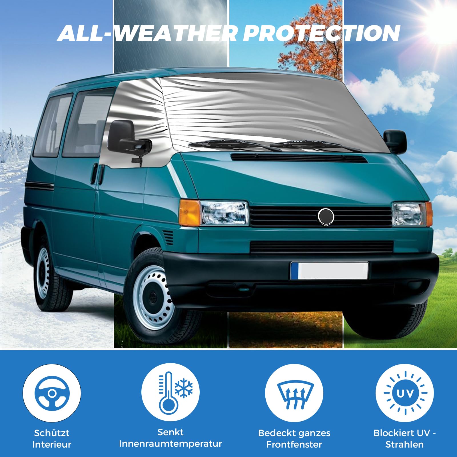 Osłona przedniej szyby, zamiennik do VW Caravelle/Transporter T4, luksusowa srebrna osłona na przednią szybę, składana osłona na przednią szybę, ochrona przed słońcem, mata, ochrona przed