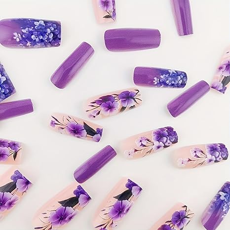🌸 Spring Flower Nails: Pretty Purple Coffin Press Ons