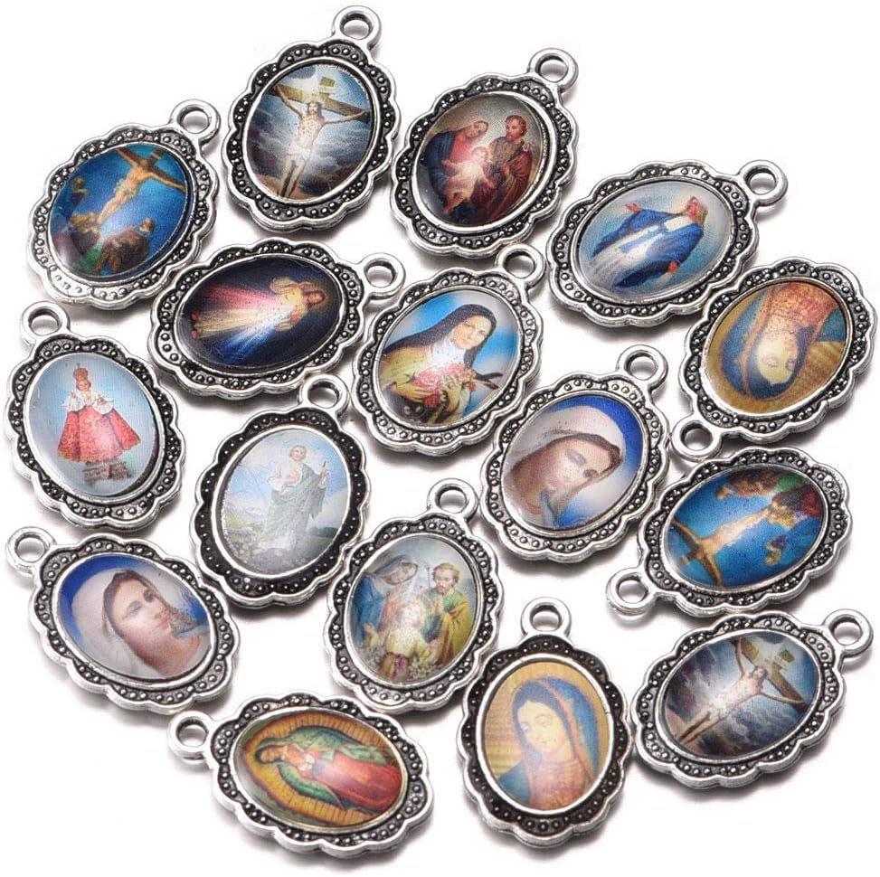 60pcs Mix Picture Enamel Our Lady Miraculous Medal Floral Rosary Centerpiece Cross Jesus Virgin Mary Catholic Alloy Crucifix Charms for Jewelry Making 19mmx12mm (A508) - Image 6
