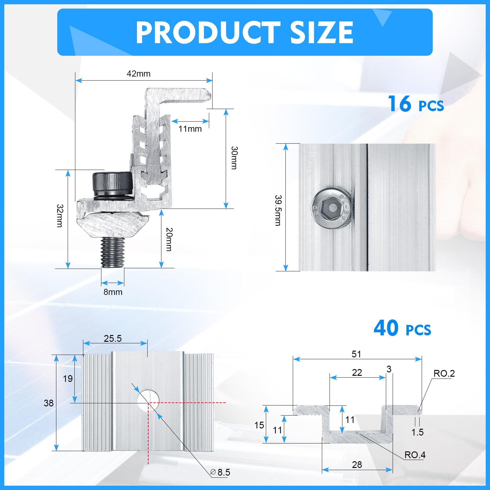 1.06 Inch Solar Panel Bracket Aluminum Solar Mid Clam with Mounting Brackets 32-50 mm Clamps Adjustable End Panel Clamps(56 Pieces)