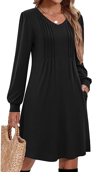This casual fall dress is made of high-quality 95% polyester, 5% spandex. (The solid colors are made of 220g thick fabric, the printed colors are made of 200g mid-thick lightweight fabric). Soft and have great elasticity, warm and super comfortable to wear for fall and winter or cool summer evening. Note:1.Packed with: Not including the belt. This long sleeve tunic dress features long puff sleeve, v neck, two side pockets, Knee length, A-line flare dress, pullover dress, loose fit flattering dresses, pleated flowy dress solid and printed color.