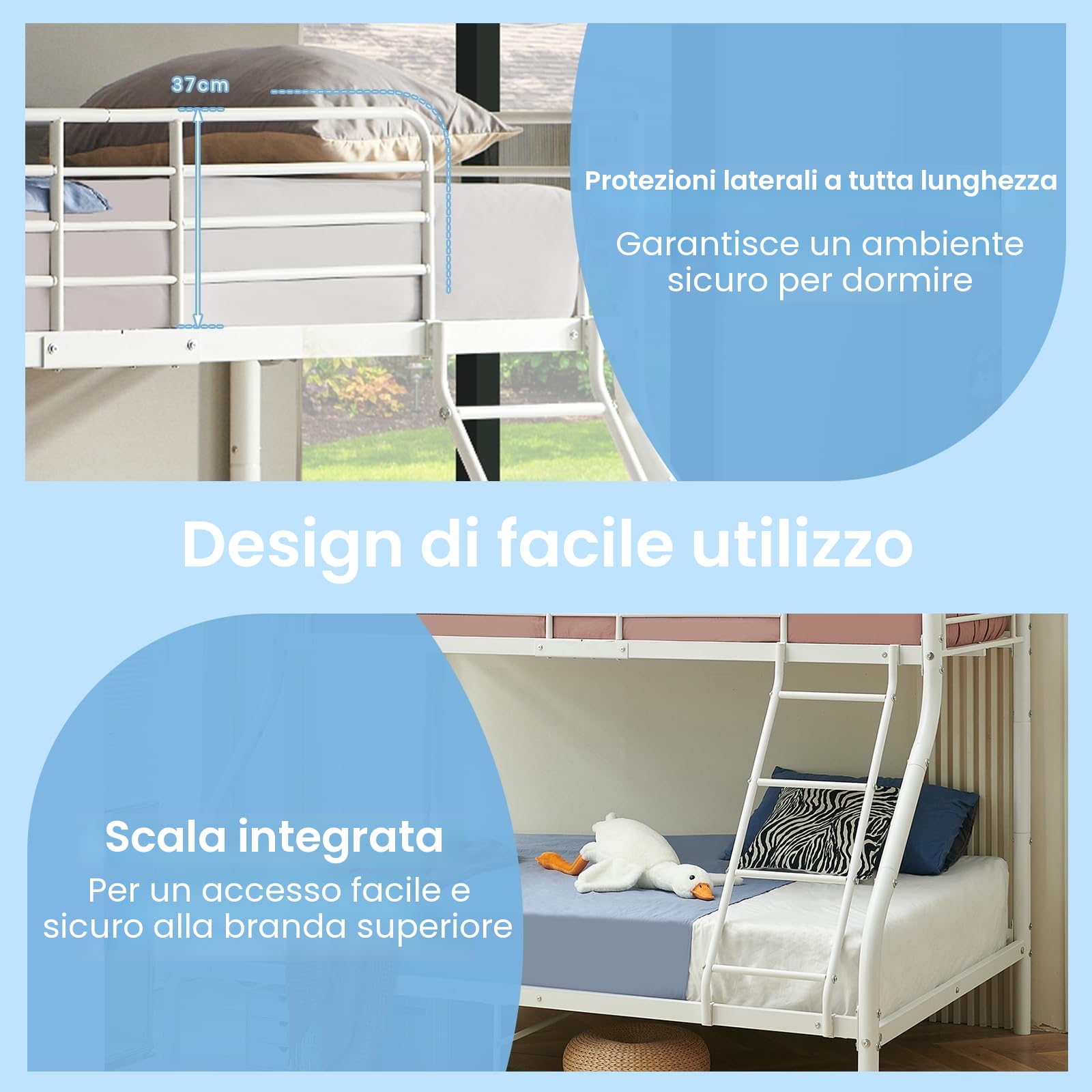 H.J WeDoo Letto a Castello a 3 Posti con Barriera Sponda Anticaduta e Scaletta Letto per Cameretta 200 x 140/90 cm in Metallo - Bianco