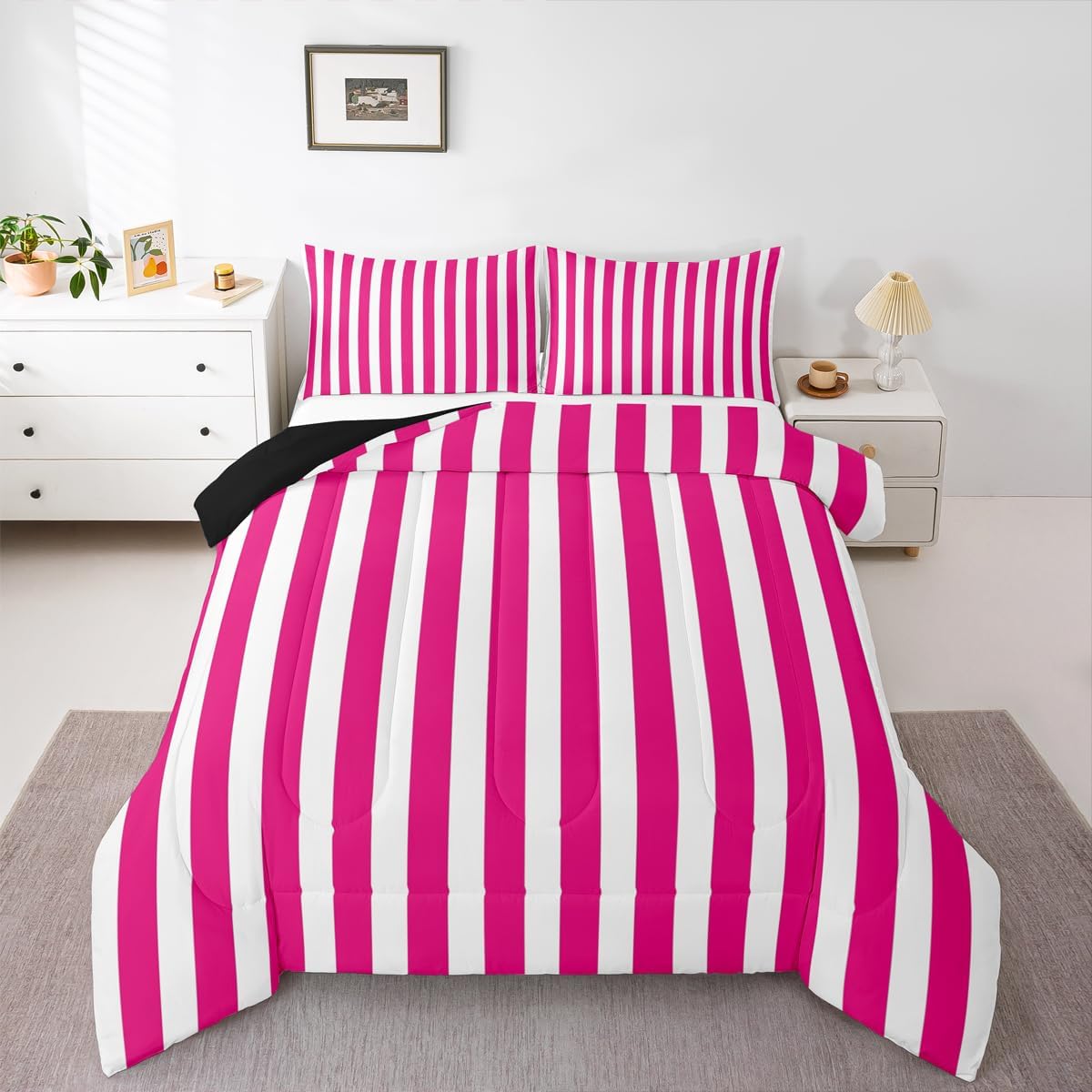 Feelyou Hot Pink Stripes Kids Comforter Set Queen Size Geometric Bedding Set Modern Striped Art Duvet Quilt for Kids Boys Girls Bedroom Decor Microfiber Ultra Soft Breathable