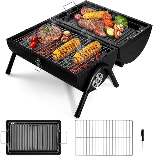 HaSteeL Parrilla de carbón portátil, mini ahumador plegable para barbacoa al aire libre, pequeña parrilla de mesa ajustable con placa de asado y