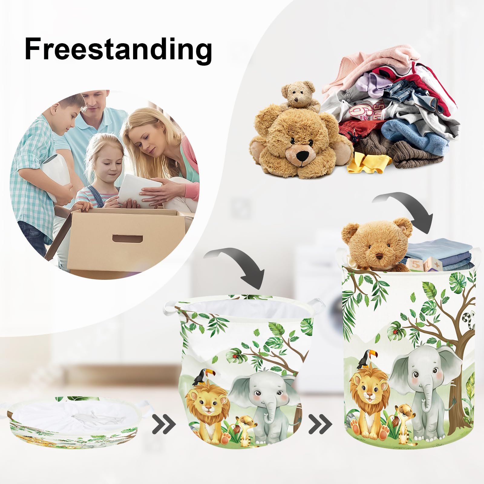HUUMONSS Cute Foreat Animal Storage Basket for Parents Organizing Kids Toys Clothes Large Woodland Tree Laundry Hamper for Bathroom Shower Elephant - Image 3