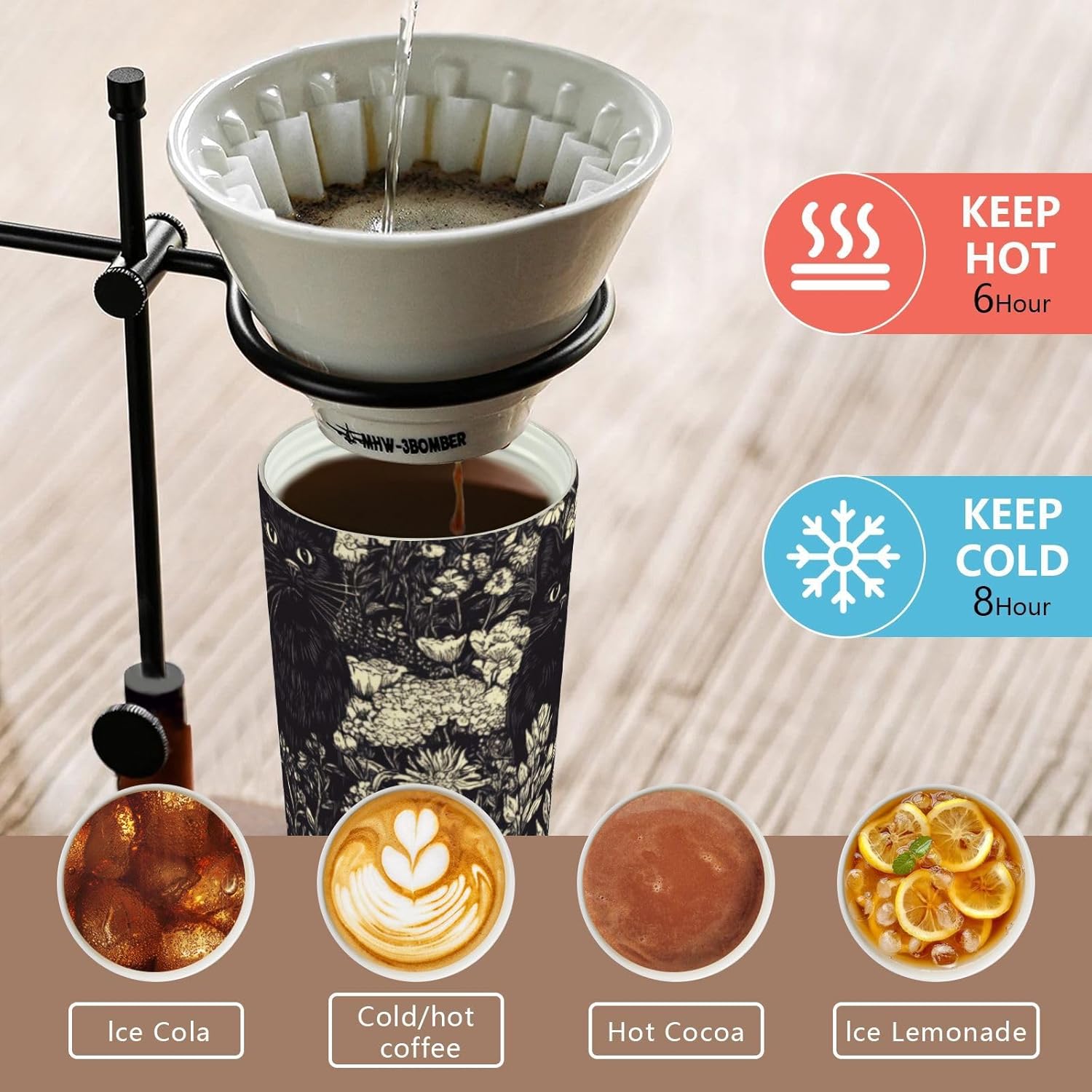 17 oz Insulated Coffee Mug Cat Flower with Straw and Leak Proof Lid Double Wall Water Bottle Stainless Steel Vacuum Thermal Travel Drinking Cup for Hot/Cold Drink - Image 5