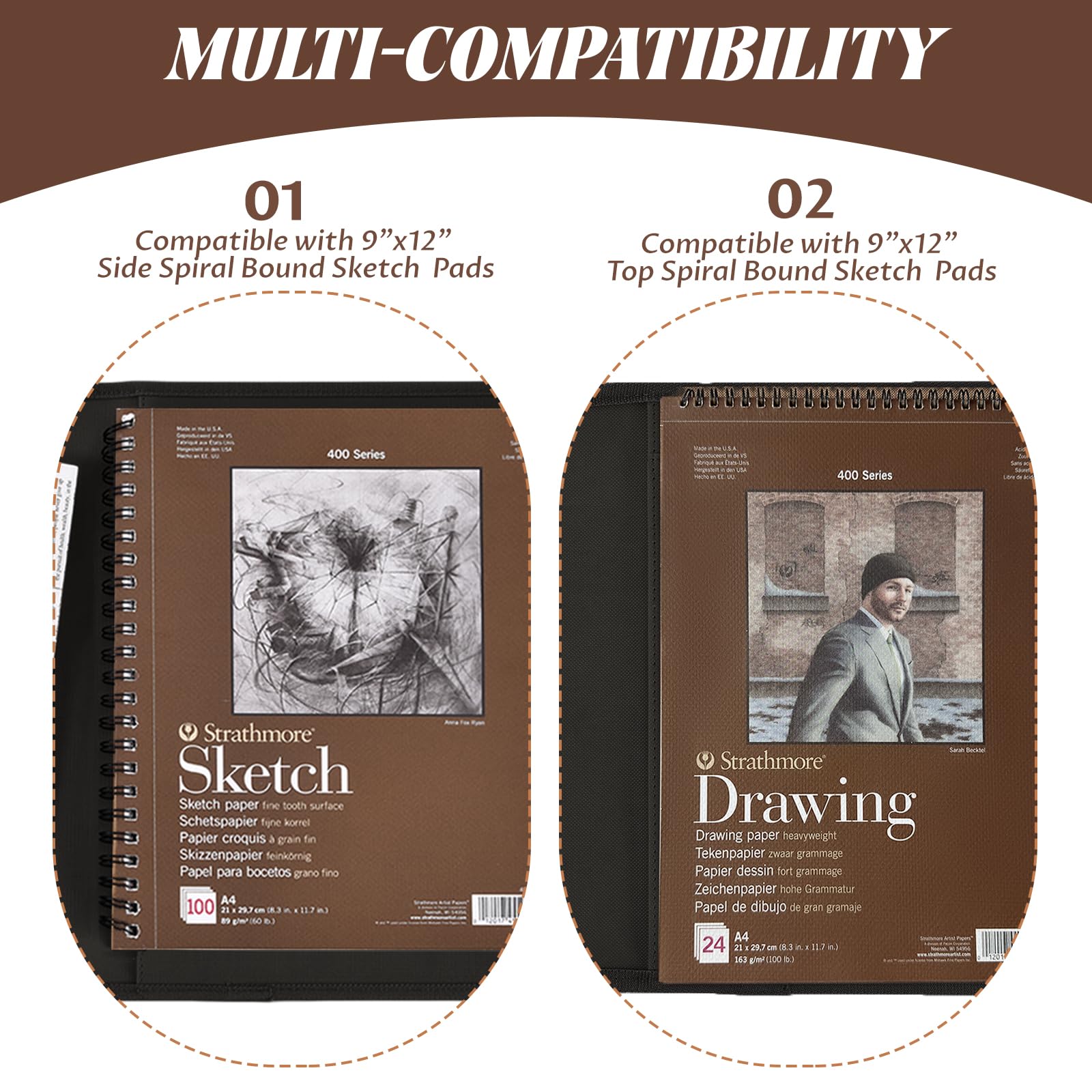 Housse de carnet de croquis pour voyage avec porte-crayon – Carnet de croquis de 22,9 x 30,5 cm et bloc à spirale de 22,9 x 30,5 cm | Rangement de fournitures artistiques pour stylos à dessin