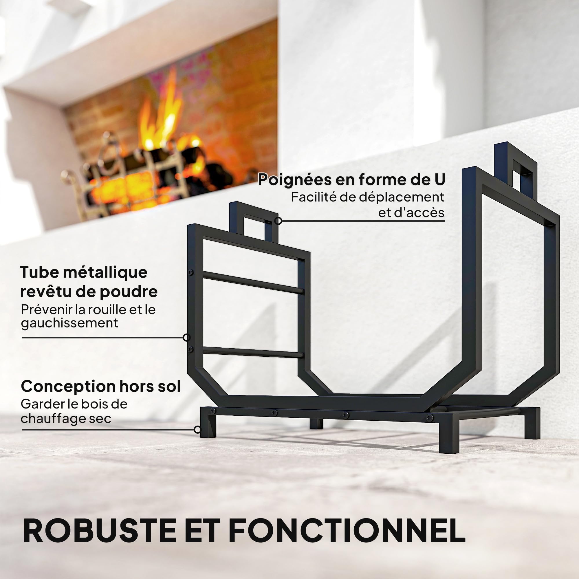 Outsunny Range-bûches Porte Buche Sac de Transport 53 x 33 x 43 cm Noir