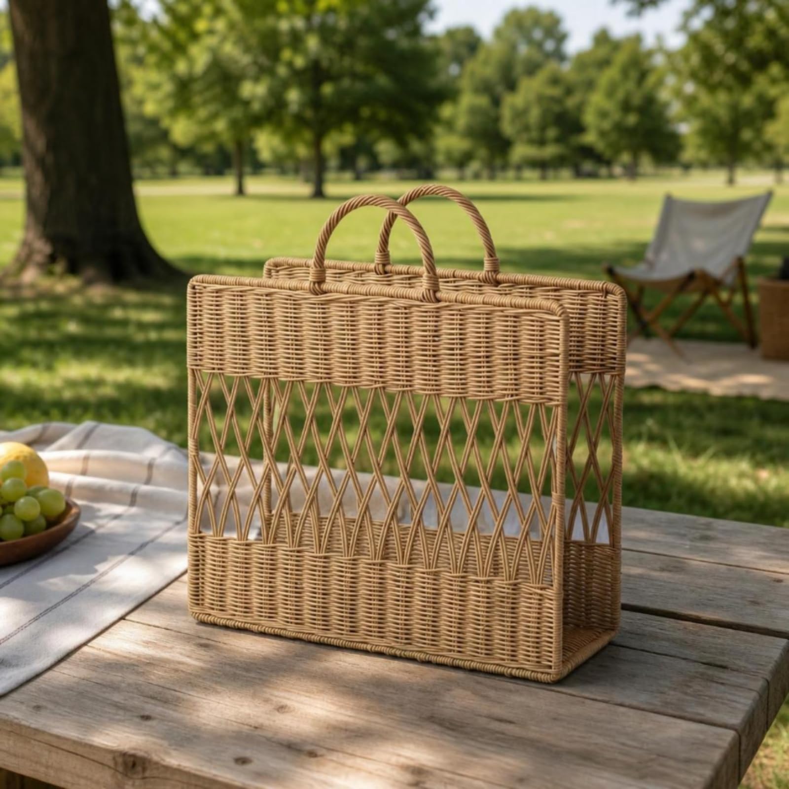 Yajuyi Panier à Magazines Tressé Panier de Rangement Corbeille Porte-revues Organisateur en Rotin PE avec Base Plate et Poignées Structure Stable et Légère Adapté au Salon Chambre Lecture