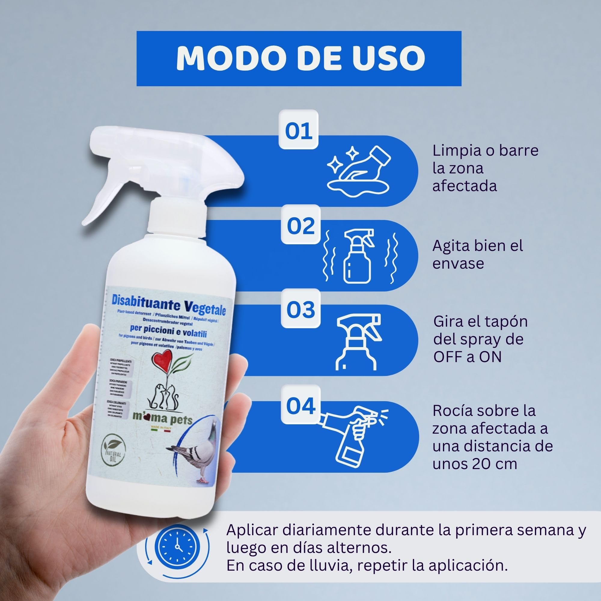 Mama Pets Spray Repelente Natural para Palomas, Pájaros, Gaviotas y Avès, Disuasor para Exteriores: Ventanas, Alféizares, Terrazas, Balcones y Barcos, 500 ml