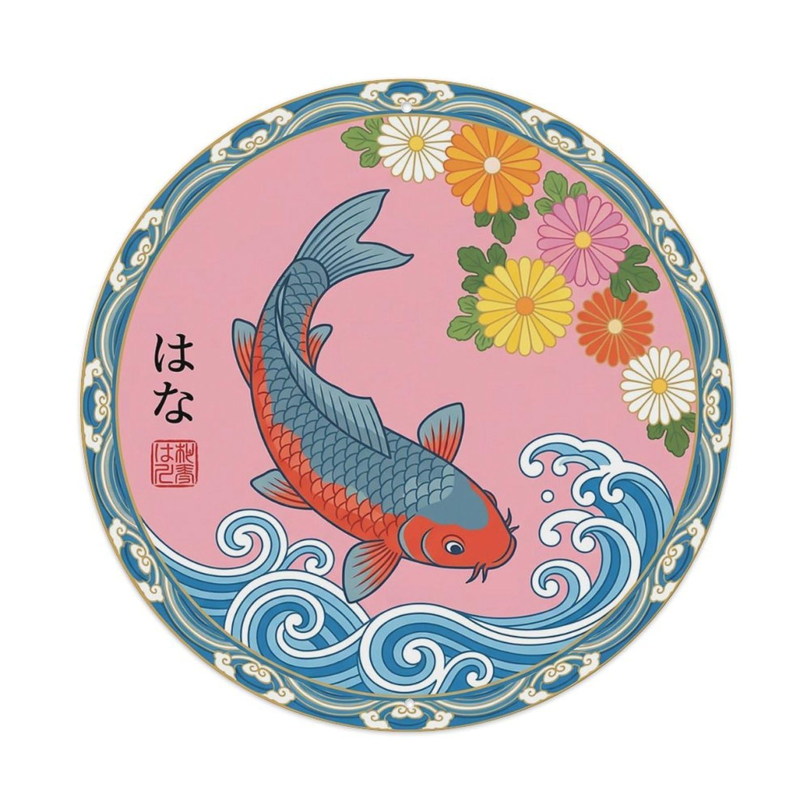 Odgynaw 8X8inch(20X20cm) Vintage Koi Fish Japanese Silver Metal Tin Sign