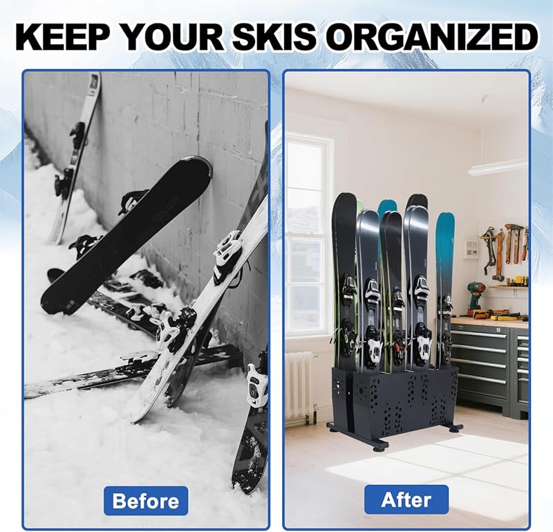 Freestanding Ski Storage Rack for 4 Pairs, Floor Stand Ski Organizer Rack, Heavy Duty Alloy Steel Ski Holders Ski Organizer, Freestanding Ski Organizer for Garage Basement 4 Pairs-Ski Storage Rack